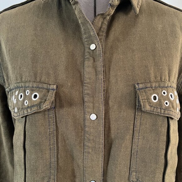 Zara Woman Sz S Denim Collection Cotton Canvas Olive Drab Grommet Detail Shirt - Picture 3 of 7